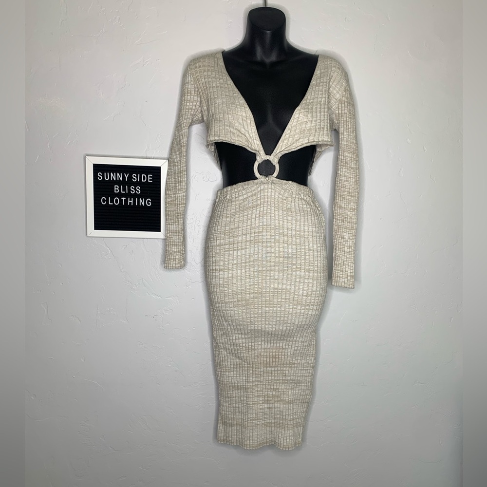 Forever 21 Beige Knit Cutout Bodycon Maxi Dress Long Sleeve Size Medium